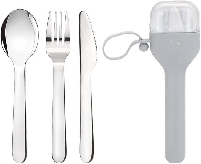 Sophico Travel Utensils Set for Camping and Kids Lunch Box, Stainless Steel Fork and Spoon, Knife Silverware Flatware Sets with Silicone Case - Portable & Leak-proof, Dishwasher Safe (Grey, 1 Set)
