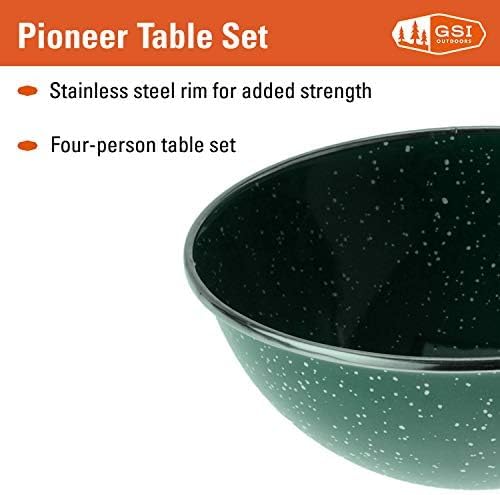 GSI Outdoors Pioneer Enamel 12 Pieces (4-Person) Dish Set I Enamelware Dishes Including Plates, Bowls and Mugs for Camping, Outdoors, RV, Camp, Green