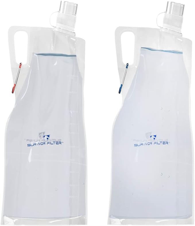 Survivor Filter Collapsible Water Bottles, Canteens (32oz) 2 Pack (2L Total) - Durable Carabiners and Handles. Squeeze Water through a Filter or Use as Water Bottles