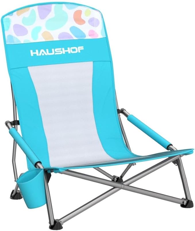 HAUSHOF High Back Beach Chair, Mesh Back Folding Chair, Lightweight Low Seat Camping Chairs with Cup Holder, Carry Bag, Padded Armrest for Outdoor Beach Lawn Camping Picnic Festival
