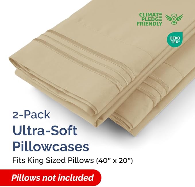 King Pillow Cases Set of 2 - Ultra Soft Hotel Quality Pillowcase Covers - Luxury Comfy Cozy Bedding for Women, Men, Kids & Teens - Machine Washable Pillow Protectors - 2 Pieces Set - King Size Beige