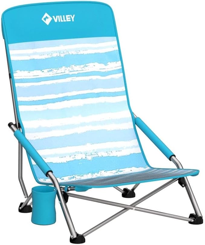 VILLEY Low Beach Chair, High Back Folding Chair for Adults, Lightweight and Portable for Outdoor, Camping, Lawn, Music Festival, with Cup Holder and Carry Bag - Blue Stripes