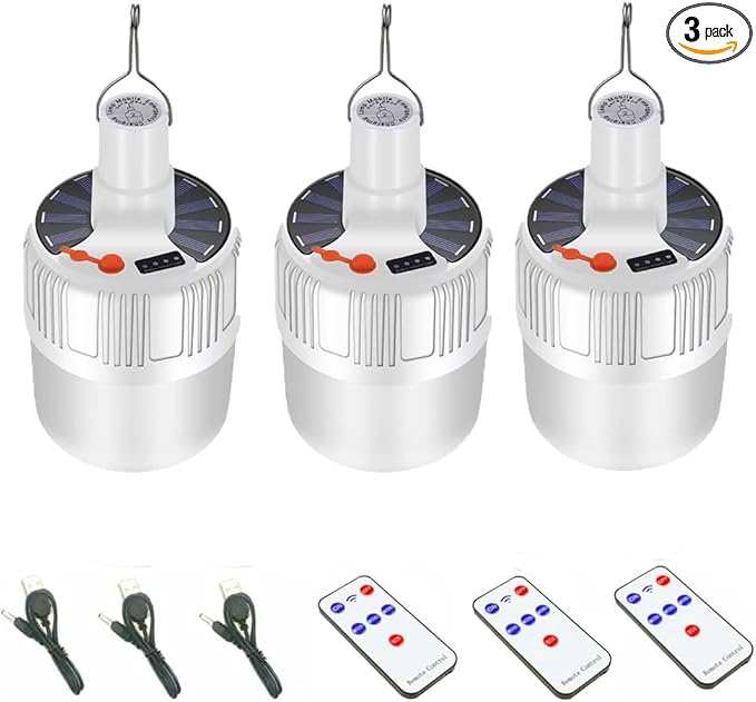 Solar Camping Lamp LED Tent Lights Waterproof Remote Control 4000mah 5 Mode USB Rechargeable Portable Lantern Blub Hanging for Home Indoor Outdoor Emergency Courtyard Power Outage 3 Pack