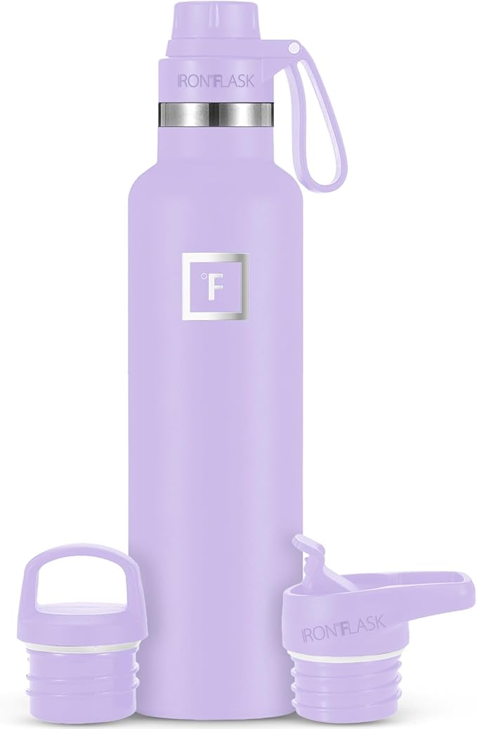 IRON °FLASK Camping & Hiking Hydration Canteens - 3 Lids (Narrow Spout Lid) Leak Proof Vacuum Insulated Stainless Steel - Hot & Cold Double Walled Sports Water Bottle - Lavender, 24 Oz