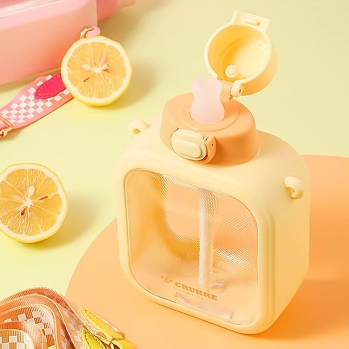 Kawaii Water Bottles with Strap and Straw 24 Oz Square Water Bottle Cute Flat Travel Canteen Leak-proof Water Bottles for Girls Sports School (Purple, L)