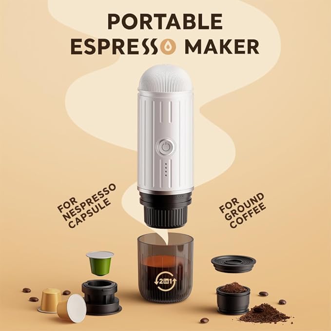BENFUCHEN Portable Electric Espresso Machine, Travel Coffee Maker for Camping, On the Go Car Coffee Maker Self-Heating with USB-C, With Ground Coffee & N Espresso Capsule for RV/Hiking/Office, White