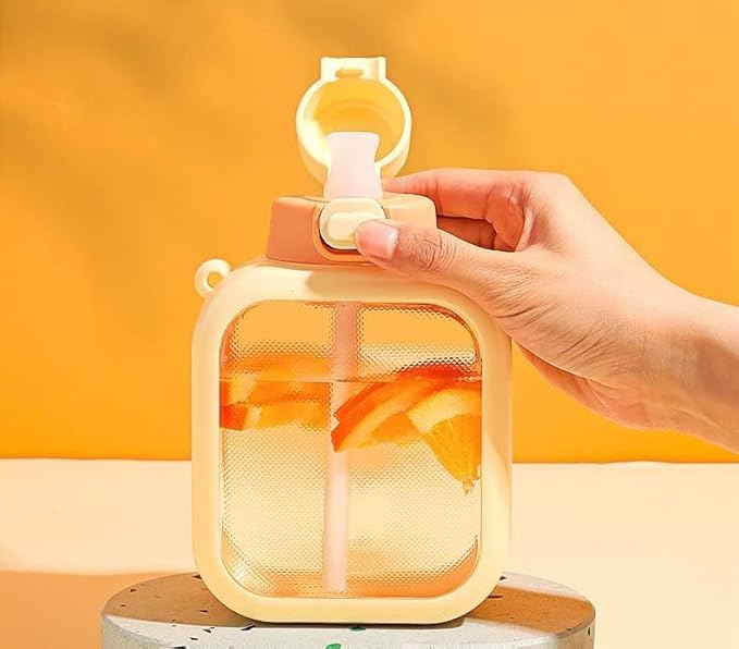 Kawaii Water Bottles with Strap and Straw 24 Oz Square Water Bottle Cute Flat Travel Canteen Leak-proof Water Bottles for Girls Sports School (Purple, L)