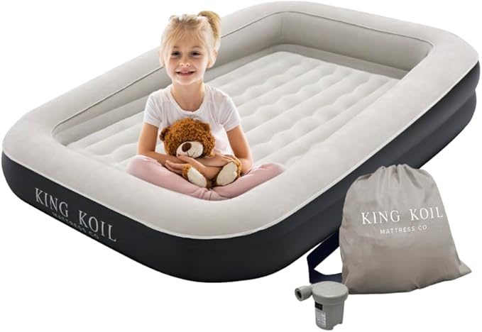 King Koil Luxury Inflatable Toddler Travel Bed with Built-in Safety Bumper, Portable Air Mattress Airbed for Kids Travel, Includes High-Speed Pump - Black
