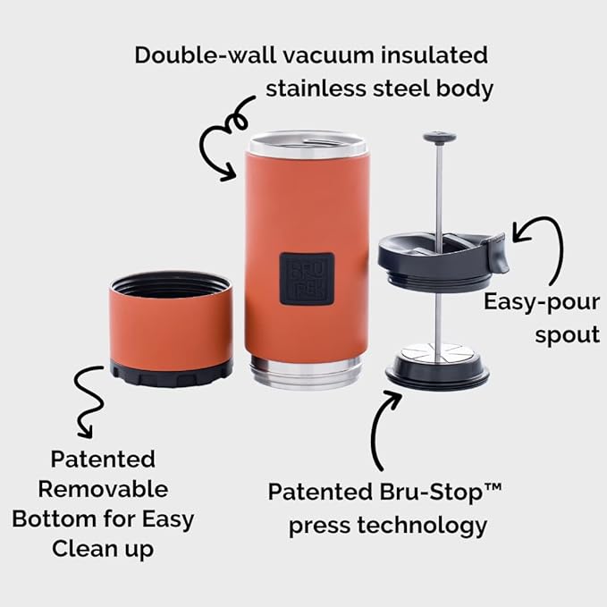 OVRLNDR Travel Coffee French Press, 24 fl.oz Capacity, Double Wall Vacuum Insulated, Easy To Clean Removable Bottom, No Spill Lid, On The Go Coffee Brewing (Obsidian)
