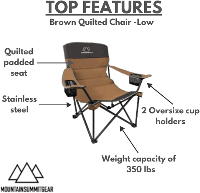 Quilted Low Camping Chair with Padded Seat and Back for Camping/Hiking/Backpacking Made by Caddis Sports (Low Chair (Brown))