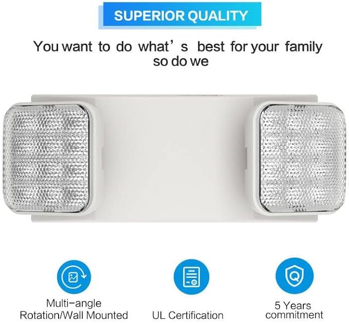 1 Pack LED Emergency Lighting Fixture with 2 LED Heads-Hardwired Adjustable White Commercial Emergency Lights with Battery Backup for Power Failure