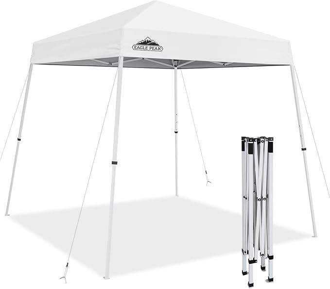 EAGLE PEAK 8x8 Slant Leg Pop-up Canopy Tent Easy One Person Setup Instant Outdoor Beach Canopy Folding Portable Sports Shelter 8x8 Base 6x6 Top (White)