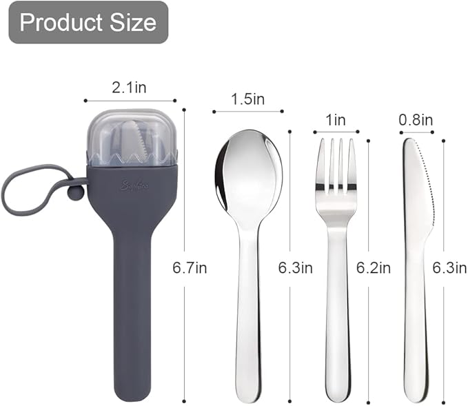 Sophico Travel Utensils Set for Camping and Kids Lunch Box, Stainless Steel Fork and Spoon, Knife Silverware Flatware Sets with Silicone Case - Portable & Leak-proof, Dishwasher Safe (Dark Grey)