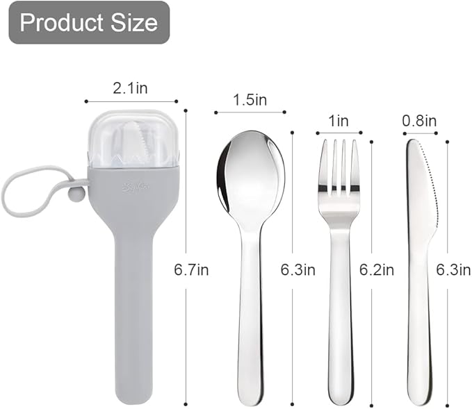 Sophico Travel Utensils Set for Camping and Kids Lunch Box, Stainless Steel Fork and Spoon, Knife Silverware Flatware Sets with Silicone Case - Portable & Leak-proof, Dishwasher Safe (Grey, 1 Set)