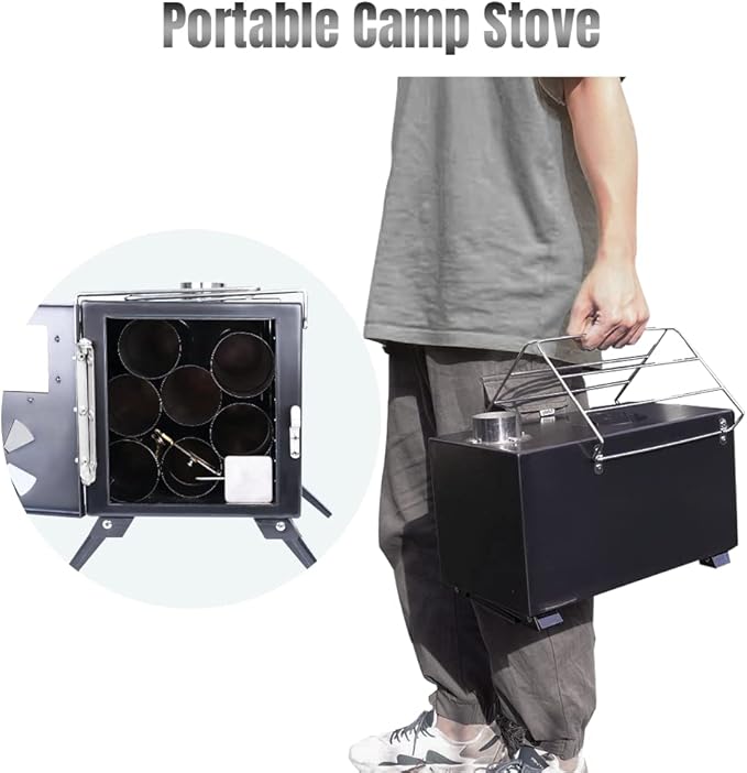 Fitinhot Camp Wood Stove, Tent Wood Burning Stoves Portable with Chimney Pipes, Upgraded Titanium Surface Camping Stove, Heat Resistant Glass & Gloves for Outdoor (Black)