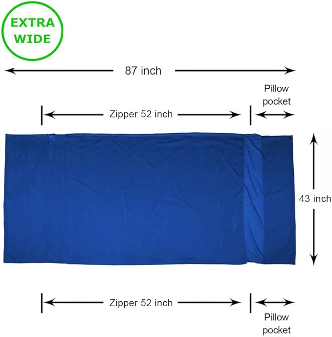 Browint Silk/Cotton Travel Sheet with Double Zippers, 87"x43" Extra Wide Sleep Sack for Hotels, Lightweight Sleeping Bag Liner for Camping, Traveler Rectangular with Pillow Pocket …