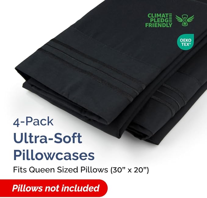 Pillowcases - Ultra Soft Hotel Quality Pillowcase Covers - Comfy, Cozy & Wrinkle Free - Shrinkage and Fade Resistant - Machine Washable Pillow Protectors - (Queen, Black, 4 Piece Set)