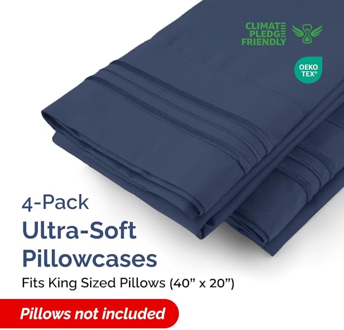 Pillowcases - Ultra Soft Hotel Quality Pillowcase Covers - Comfy, Cozy & Wrinkle Free - Shrinkage and Fade Resistant - Machine Washable Pillow Protectors - (King, Navy Blue, 4 Piece Set)