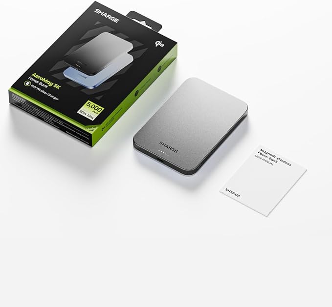 sharge AeroMag Magsafe Power Bank Ultra Slim, 5000mAh Magnetic Portable Charger, 15W Qi2 Battery Pack Designed for iPhone 17 Pro/16/15/14