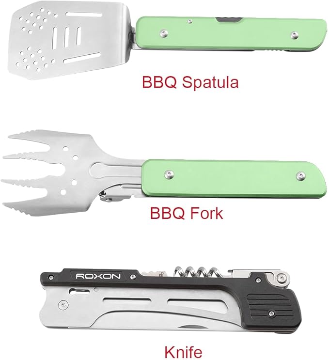 ROXON S601 14" 6 in 1 MBT3 Folding Grill Utensils Set Fork Spatula Grilling Knife Tongs Opener for Backyard Barbecue and Camping (Green)