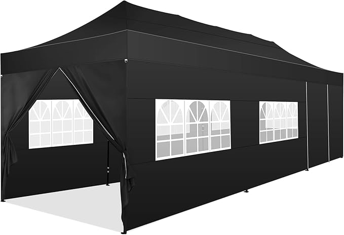 COBIZI 10x30 Pop Up Canopy with 8 Sidewall,Heavy Duty UPF 50+ All Season Wind Waterproof Commercial Outdoor Wedding Party Tents for Parties Canopy Gazebo with Roller Bag(10 x 30 ft Black)