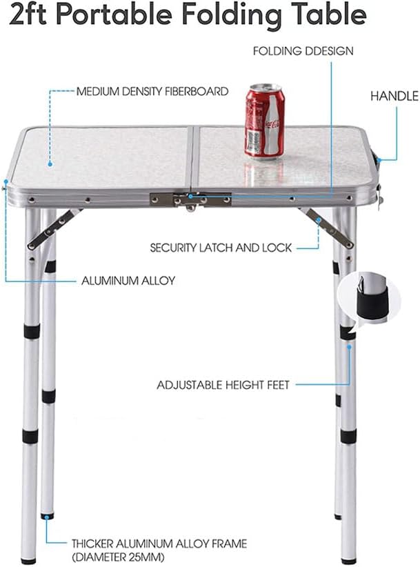 Folding Table Small, 24''L x16''W Camp Aluminum Table with Adjustable Height Legs, Indoor Outdoor Lightweight Portable Folding Aluminum Dining Table for Picnic Camping 2-Feet（10"/19"/27）