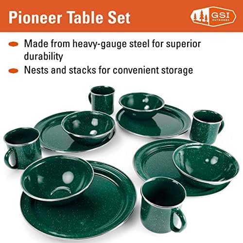 GSI Outdoors Pioneer Enamel 12 Pieces (4-Person) Dish Set I Enamelware Dishes Including Plates, Bowls and Mugs for Camping, Outdoors, RV, Camp, Green