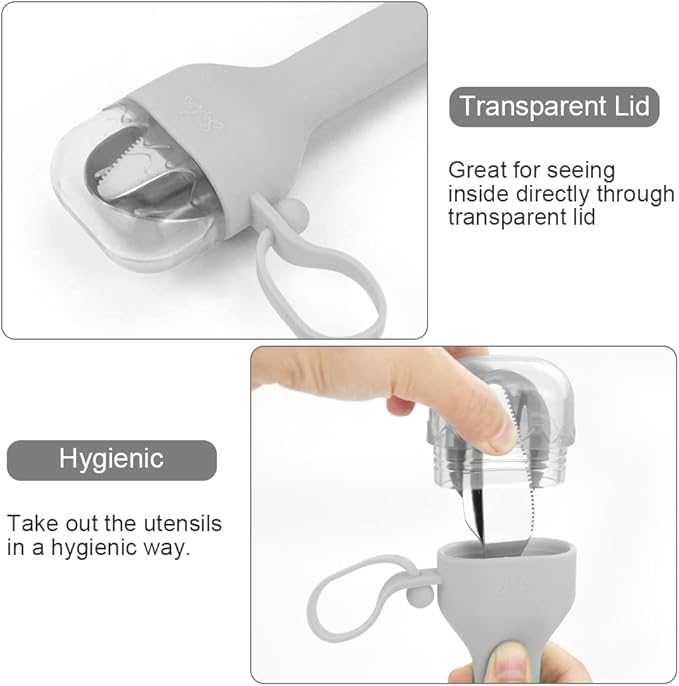 Sophico Travel Utensils Set for Camping and Kids Lunch Box, Stainless Steel Fork and Spoon, Knife Silverware Flatware Sets with Silicone Case - Portable & Leak-proof, Dishwasher Safe (Grey, 1 Set)