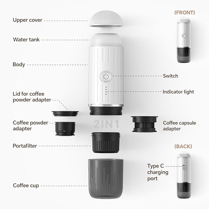 BENFUCHEN Portable Electric Espresso Machine, Travel Coffee Maker for Camping, On the Go Car Coffee Maker Self-Heating with USB-C, With Ground Coffee & N Espresso Capsule for RV/Hiking/Office, White