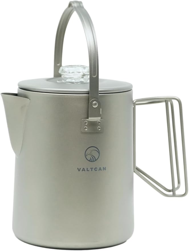 Valtcan Titanium Percolator Coffee Maker Pot 1.5L Filter Brew Ultralight Weight Camping Kettle 50 fl oz 6 Cup Capacity Glass Knob 395g Compact Kettle