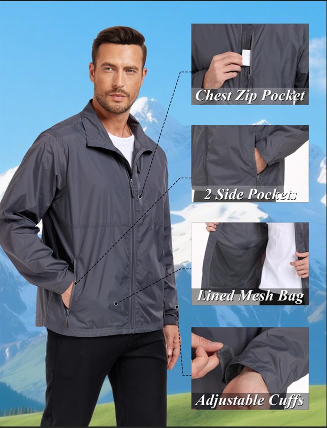 Mens Windbreaker Jackets Lightweight Packable Windproof for Casual Hiking Outdoor