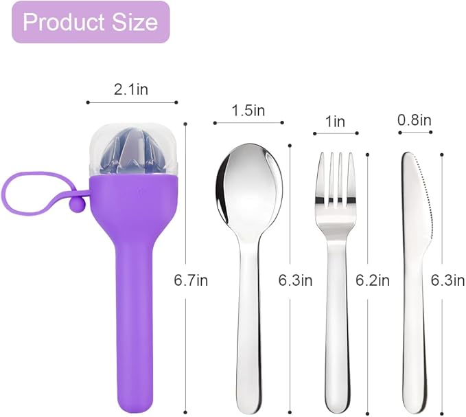 Sophico Travel Utensils Set for Camping and Kids Lunch Box, Stainless Steel Fork and Spoon, Knife Silverware Flatware Sets with Silicone Case - Portable & Leak-proof, Dishwasher Safe (Purple, 1 Set)