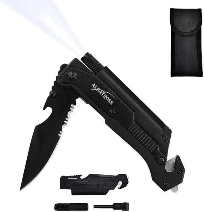 7-in-1 Tactical Survival Knife - Glass Breaker, Seatbelt Cutter, Serrated Steel Blade, Firestarter, LED Flashlight, Bottle Opener & Pouch | Military, Emergency, Outdoor Rescue Gear (Black)