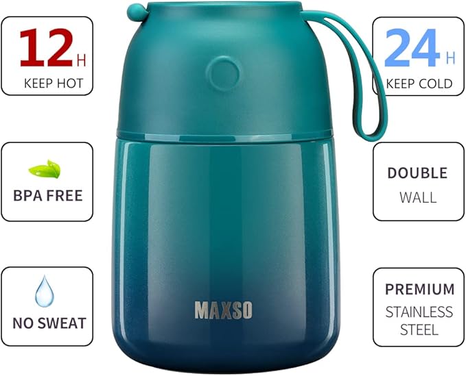 MAXSO Soup Thermo for Hot & Cold Food for Adults Kids, 17 oz Vacuum Insulated Steel Lunch Container Bento Box with Spoon, Leakproof Thermal Food Jar for School Office Travel - Blue Green