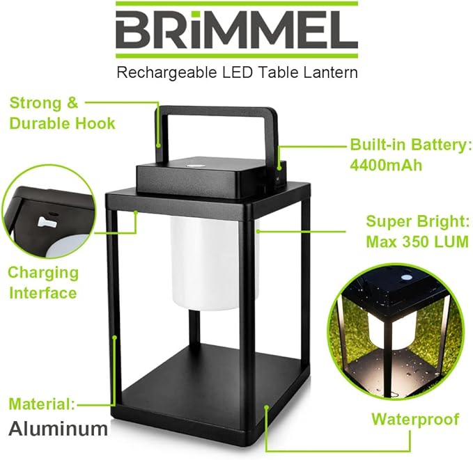 Aluminum Outdoor Table Lamp - Rechargeable 350 Lumen 3 Level Touch Control, IP44 Waterproof Cordless Outdoor Lamps Table Lantern with USB Port for Patio(3000K Warm White)