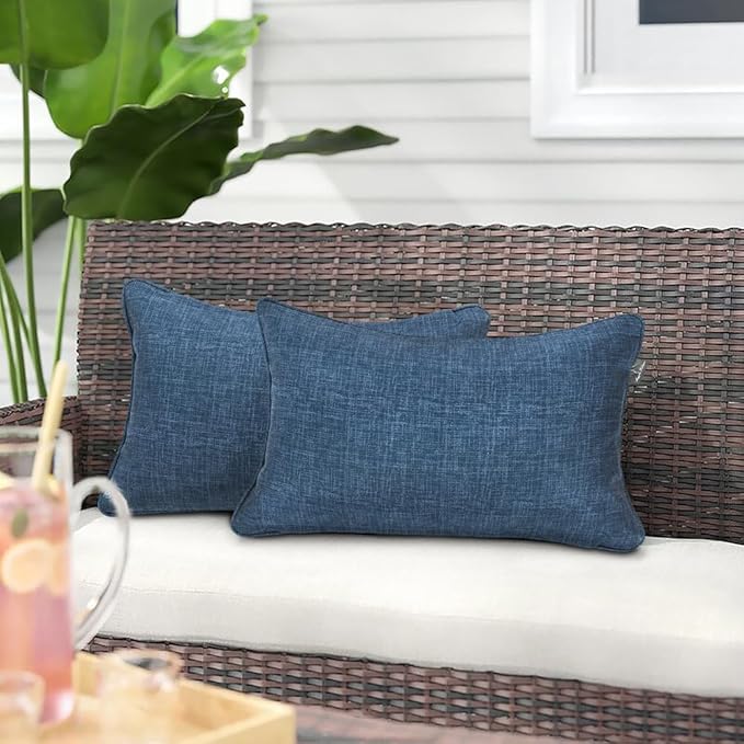 Magpie Fabrics Pack of 2 Outdoor Lumbar Pillow Case Covers 12"x20", Waterproof Rectangular Throw Pillowcase Shell Decorative Sham for Patio Garden Couch - Navy Blue Textured
