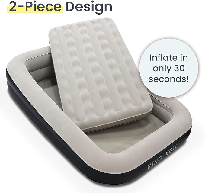 King Koil Luxury Inflatable Toddler Travel Bed with Built-in Safety Bumper, Portable Air Mattress Airbed for Kids Travel, Includes High-Speed Pump - Black