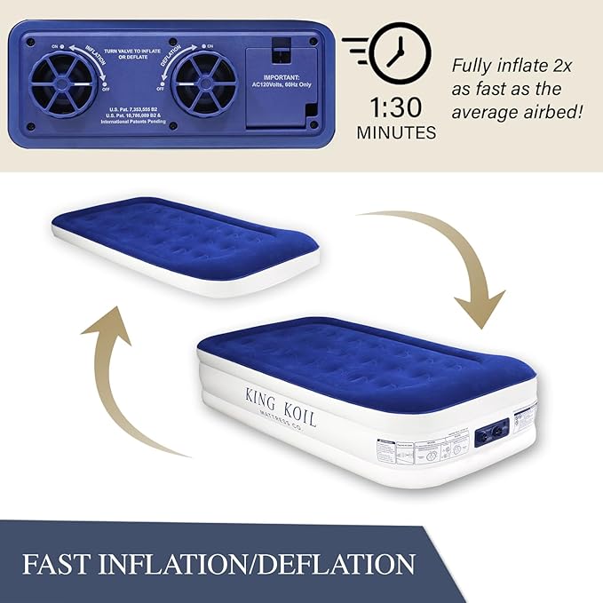 King Koil Luxury Twin Air Mattress with Built-in High Speed Pump for Camping, Home & Guests - Twin Size Double High Airbed Luxury Inflatable Blow Up Mattress Waterproof (1-Year Manufacturer Warranty)
