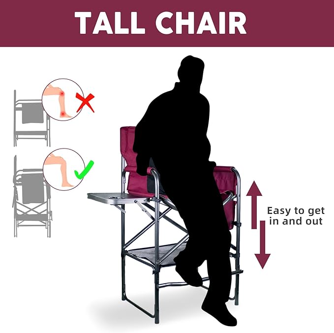 30" Tall Directors Chair with Side Table, 400LBS Bar Height Folding Camping Chair for Makeup Artists, Outdoor Events, Portable Foldable Chair with Cup Holder & footrest - Light Wine Red