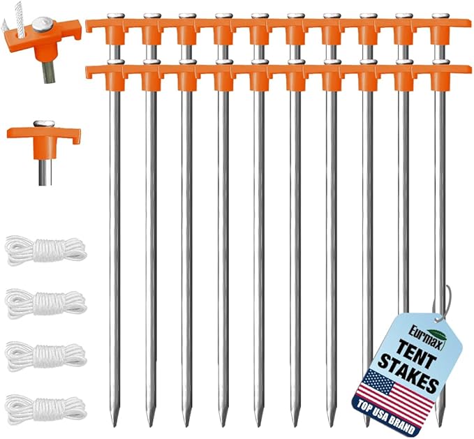 Eurmax USA Galvanized Non-Rust Camping Family Tent Pop Up Tent Stakes Ice Tools Heavy Duty 20pc-Pack, with 4x10ft Ropes & 1 Orange Stopper