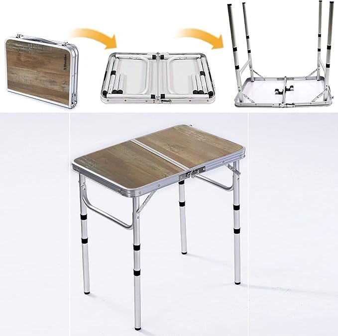 Folding Table, 3 Adjustable Heights, Camping & Outdoor Folding Table with Storage Mesh Layer, Portable for BBQ, Patio, Garden & Indoor (Brown)