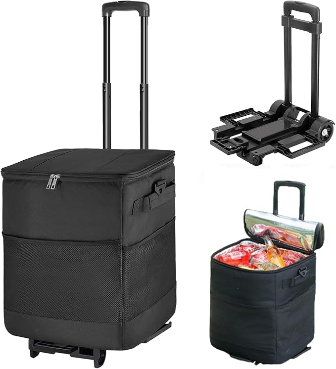 Collapsible Large Rolling Cooler 60-Can/40L,3-in-1 Insulated Soft Cooler Bag,Adjustable Wheels&Handle, Rolling Cooler Cart for Beach Camping Travel Outdoor Hot Takeout Orders
