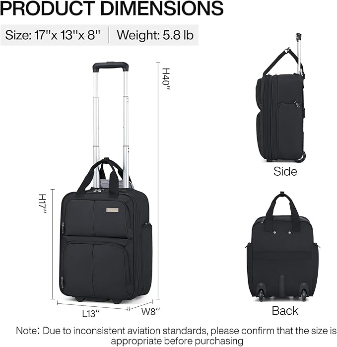 Hanke Softside Underseat Carry On Luggage with Wheels,Travel Luggage Rolling Bag Small Suitcase，Black, Underseater 16-Inch