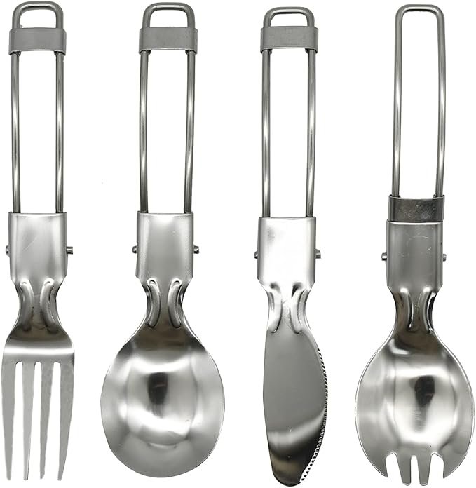 4Pcs Folding Camping Utensils Set Portable 18/10(304) Stainless Steel Flatware include Dishwasher Safe Spoon Fork Knife for Picnic Travel Hiking Backpacking