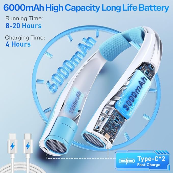 Hands-Free Portable Neck Fan - 6000mAh High Capacity Battery, USB Dual Port Fast Charging, Ultra-Quiet 6 Speeds Cooling Air, 360° Airflow for Outdoor, Indoor, Office, Travel - Blue