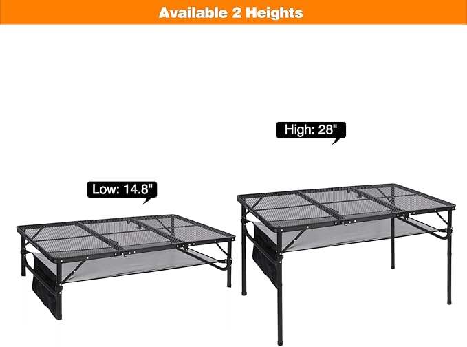 REDCAMP 48x24 Long Folding Grill Table for Outside, Lightweight Portable Double Layer Metal Aluminum Outdoor Grill Table with Adjustable Height Legs, Great for Camping Picnic Cooking BBQ, Black 4ft