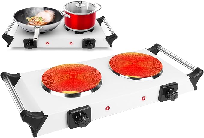 Hot Plate, 2000W Portable Electric Double Burner W/5 Level Temperature Control & Stay Cool Handles, Easy to Clean, Lightweight Cast Iron Electric Stove for Kitchen Camping Cooking, 110V