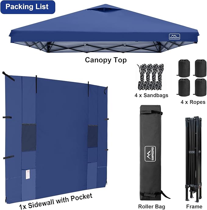 KAMPKEEPER 10x10 Pop Up Canopy Tent with Sidewall - Easy Setup Sun Shelter, Outdoor Shade with Vented Roof for Backyard | UV & Rain Portable Instant Camping Beach Canopy Tents (Navy Blue)