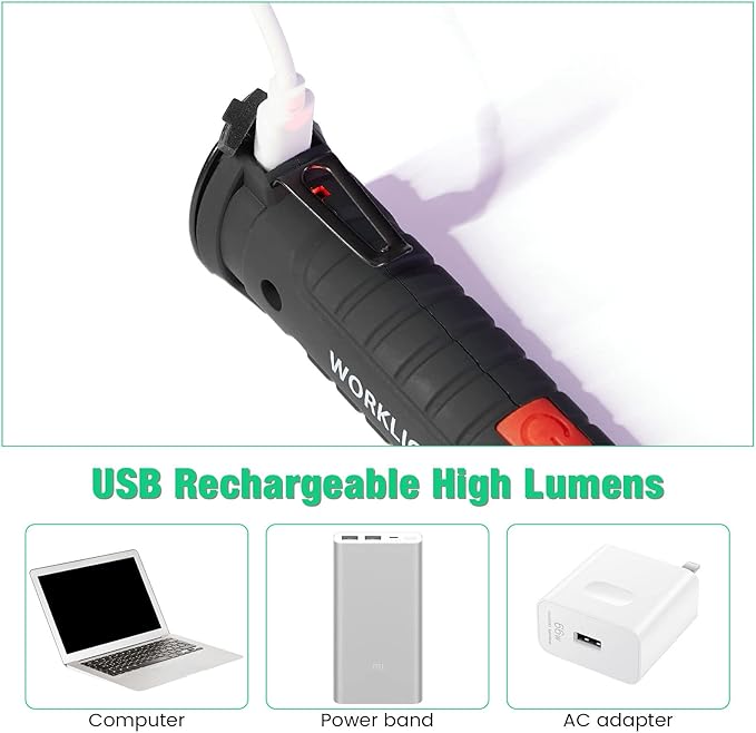 Honoson 4 Pieces LED Work Light Cob Rechargeable Work Flashlight with Magnetic Base, Hanging Hook and 360° Rotate 5 Modes Portable LED Flashlight for Car Repair, Household and Outdoor(Small)