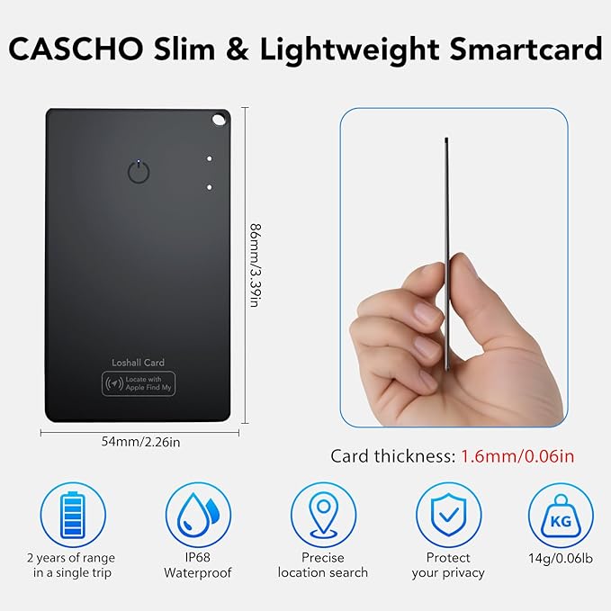 CASCHO Wallet Tracker Card [Apple MFi Certified] Air Tracker Tag, 0.06in Rechargeable Smartcard Work with Apple Find My, Keys Finder and Item Locator for Passport, Bags, Laptop, Black 1 Pack, iOS only